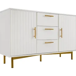 Commode décorée de rayures verticales - 3 tiroirs et 2 portes avec étagères réglables - Blanc
