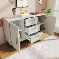 Commode décorée de rayures verticales - 3 tiroirs et 2 portes avec étagères réglables - Blanc