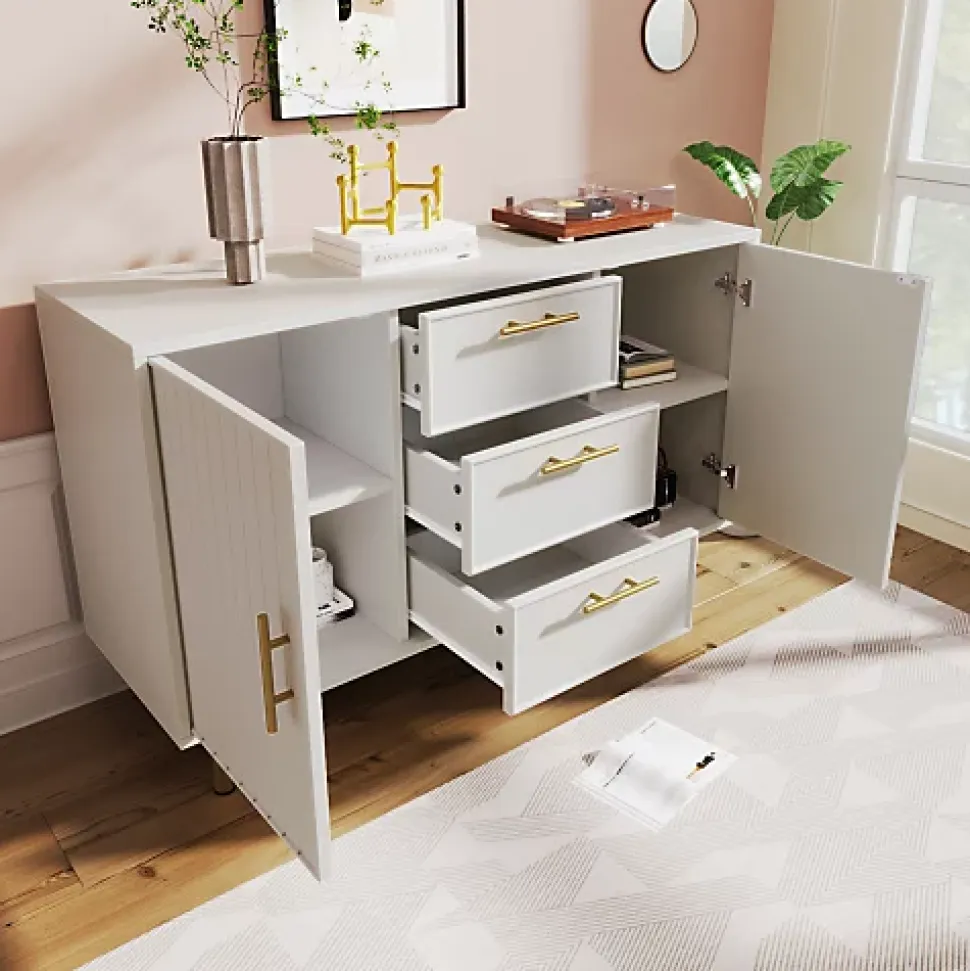Commode décorée de rayures verticales - 3 tiroirs et 2 portes avec étagères réglables - Blanc