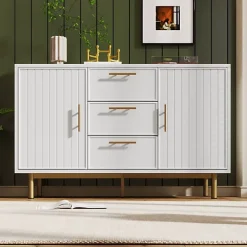 Commode décorée de rayures verticales - 3 tiroirs et 2 portes avec étagères réglables - Blanc