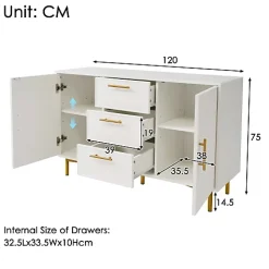 Commode décorée de rayures verticales - 3 tiroirs et 2 portes avec étagères réglables - Blanc