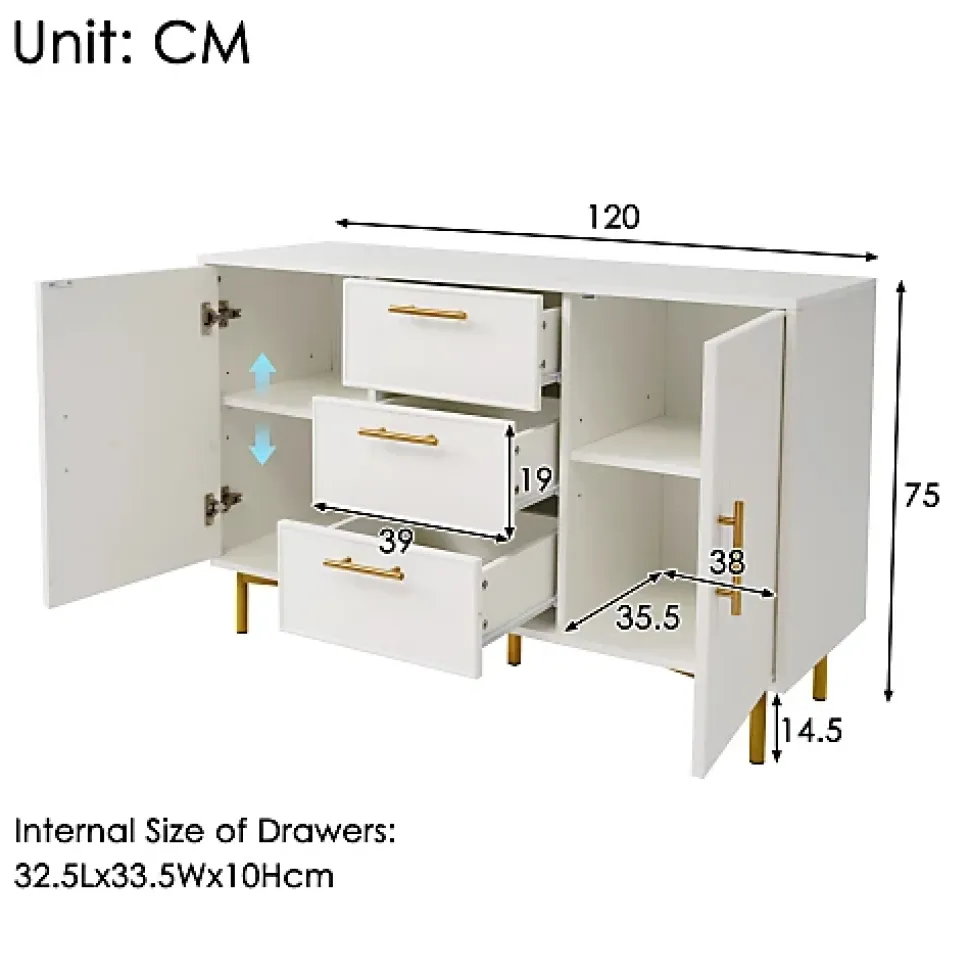 Commode décorée de rayures verticales - 3 tiroirs et 2 portes avec étagères réglables - Blanc