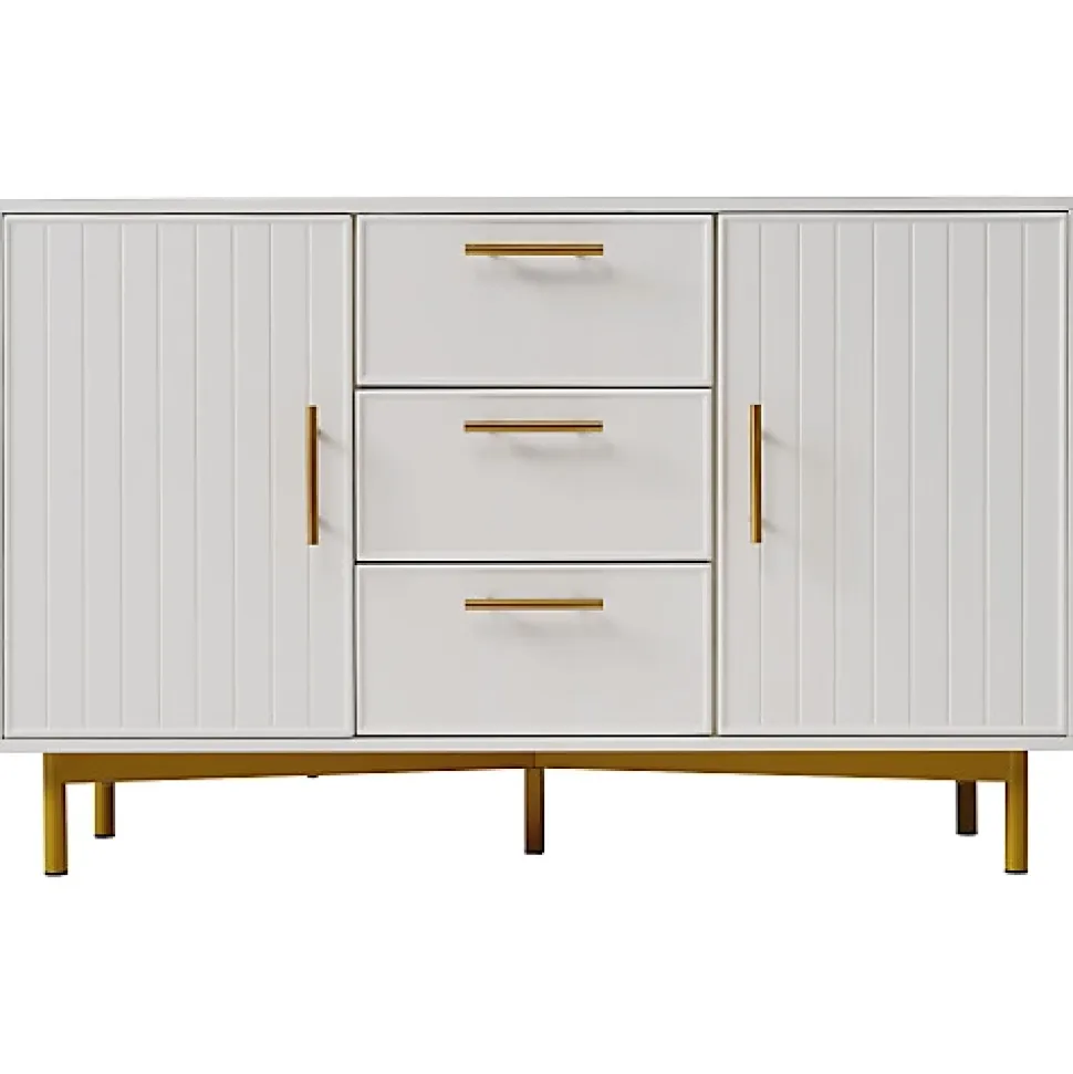 Commode décorée de rayures verticales - 3 tiroirs et 2 portes avec étagères réglables - Blanc
