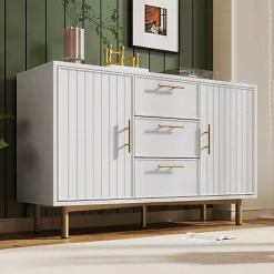Commode décorée de rayures verticales - 3 tiroirs et 2 portes avec étagères réglables - Blanc