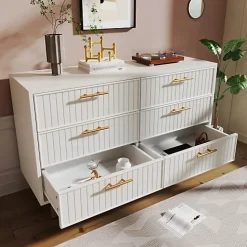 Commode décorée de rayures verticales - 6 tiroirs - Blanc