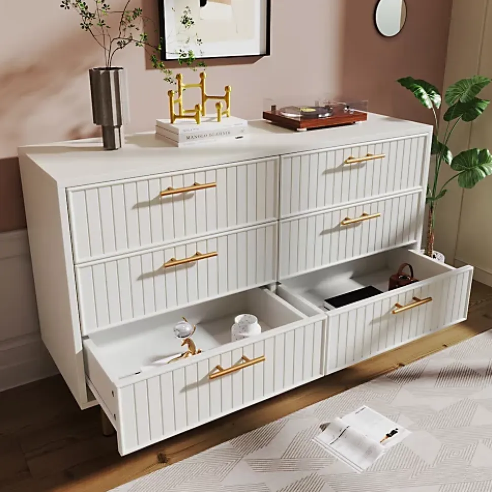 Commode décorée de rayures verticales - 6 tiroirs - Blanc