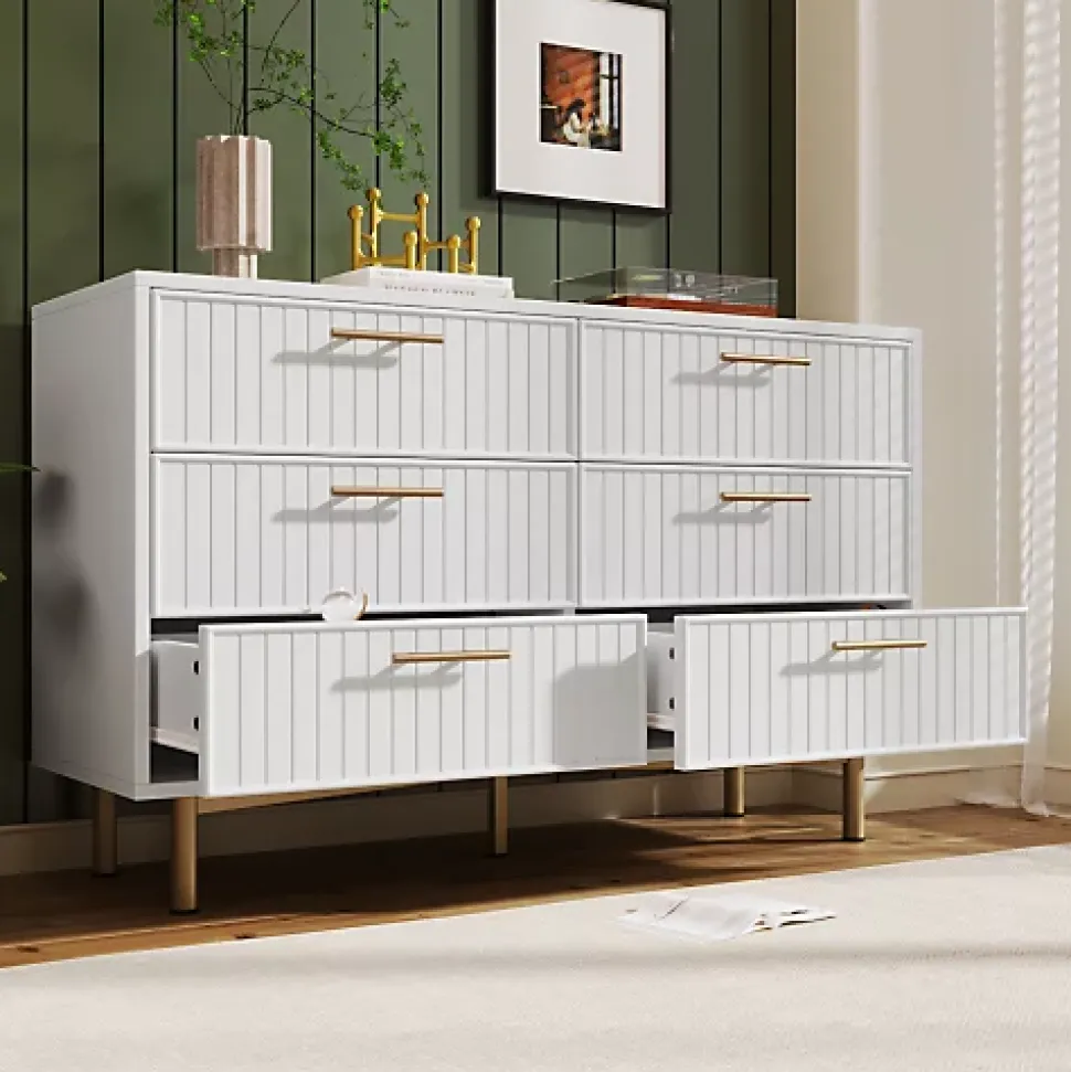 Commode décorée de rayures verticales - 6 tiroirs - Blanc