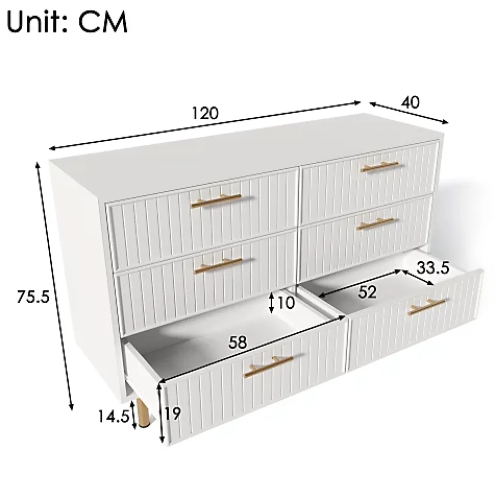 Commode décorée de rayures verticales - 6 tiroirs - Blanc