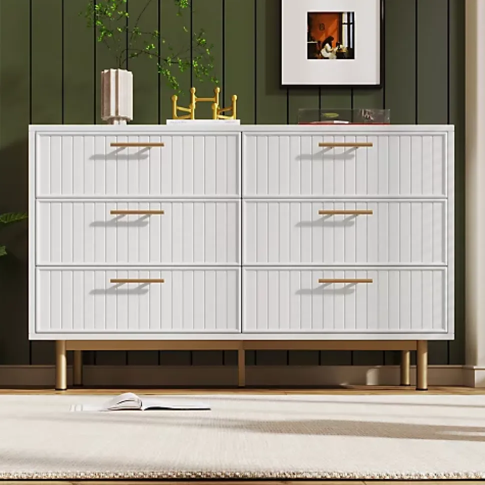Commode décorée de rayures verticales - 6 tiroirs - Blanc