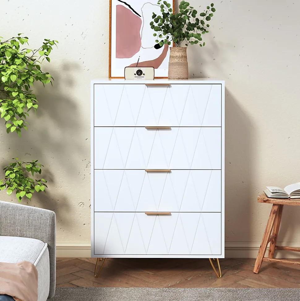 Commode De Chambre, 4 Tiroirs, Meuble De Rangement Avec Poignées Et Pieds Dorés, Blanc