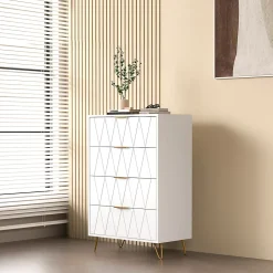 Commode De Chambre, 4 Tiroirs, Meuble De Rangement Avec Poignées Et Pieds Dorés, Blanc