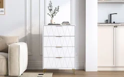 Commode De Chambre, 4 Tiroirs, Meuble De Rangement Avec Poignées Et Pieds Dorés, Blanc