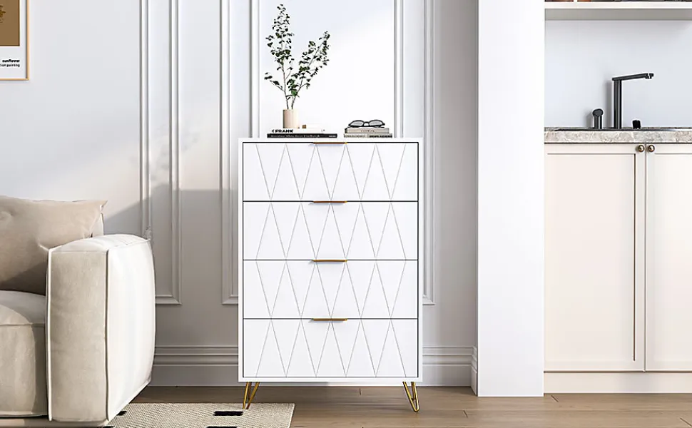 Commode De Chambre, 4 Tiroirs, Meuble De Rangement Avec Poignées Et Pieds Dorés, Blanc