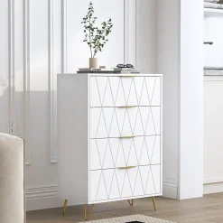Commode De Chambre, 4 Tiroirs, Meuble De Rangement Avec Poignées Et Pieds Dorés, Blanc
