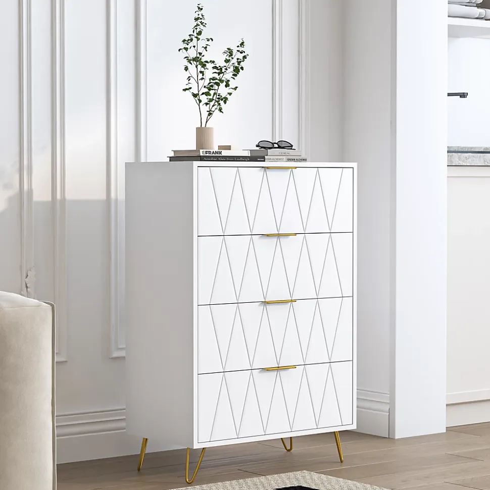 Commode De Chambre, 4 Tiroirs, Meuble De Rangement Avec Poignées Et Pieds Dorés, Blanc