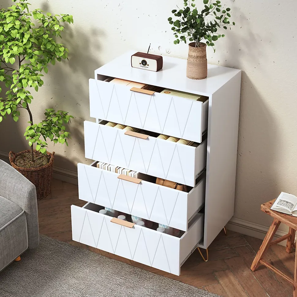Commode De Chambre, 4 Tiroirs, Meuble De Rangement Avec Poignées Et Pieds Dorés, Blanc