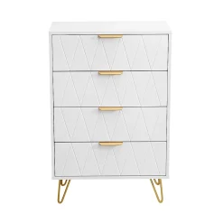 Commode De Chambre, 4 Tiroirs, Meuble De Rangement Avec Poignées Et Pieds Dorés, Blanc