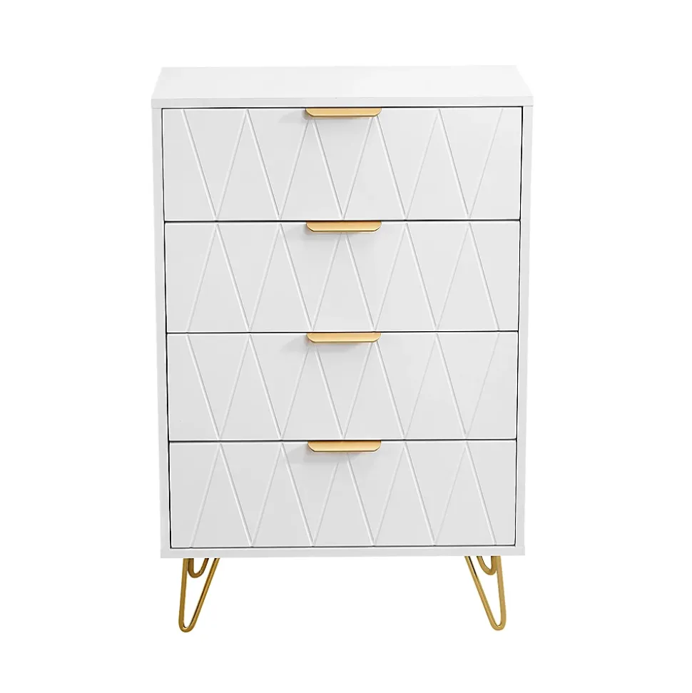 Commode De Chambre, 4 Tiroirs, Meuble De Rangement Avec Poignées Et Pieds Dorés, Blanc