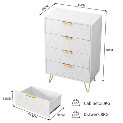 Commode De Chambre, 4 Tiroirs, Meuble De Rangement Avec Poignées Et Pieds Dorés, Blanc