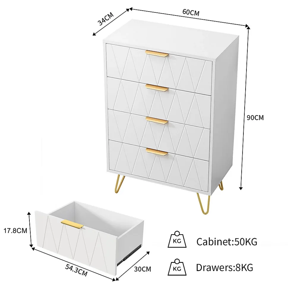 Commode De Chambre, 4 Tiroirs, Meuble De Rangement Avec Poignées Et Pieds Dorés, Blanc