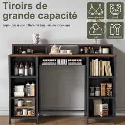 Commode de maquillage, 2 étagères, tiroirs grande capacité, plateau bois, pieds réglables, poignées élégantes, sécurisée