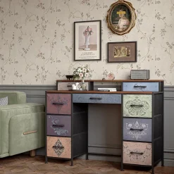 Commode de maquillage, 2 étagères, tiroirs grande capacité, plateau bois, pieds réglables, poignées élégantes, sécurisée