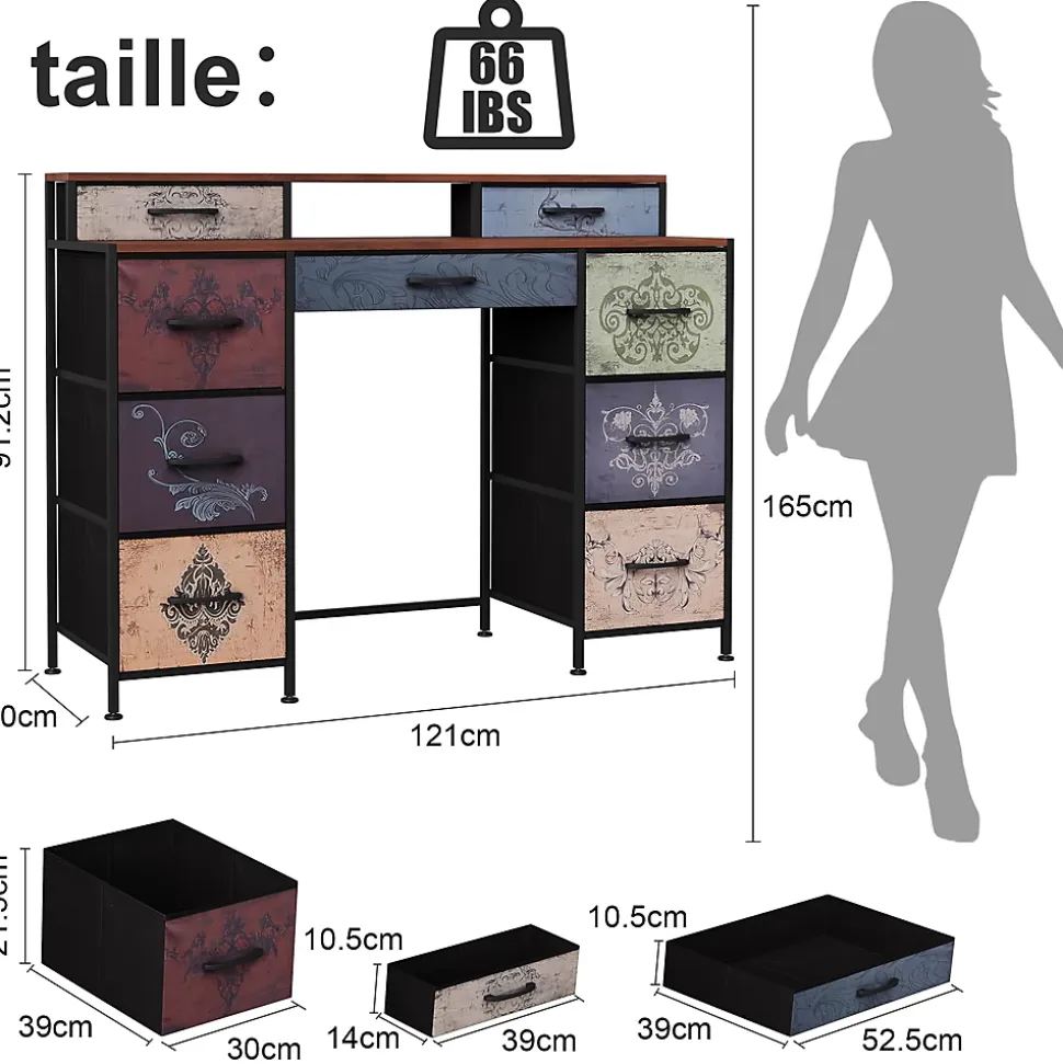 Commode de maquillage, 2 étagères, tiroirs grande capacité, plateau bois, pieds réglables, poignées élégantes, sécurisée