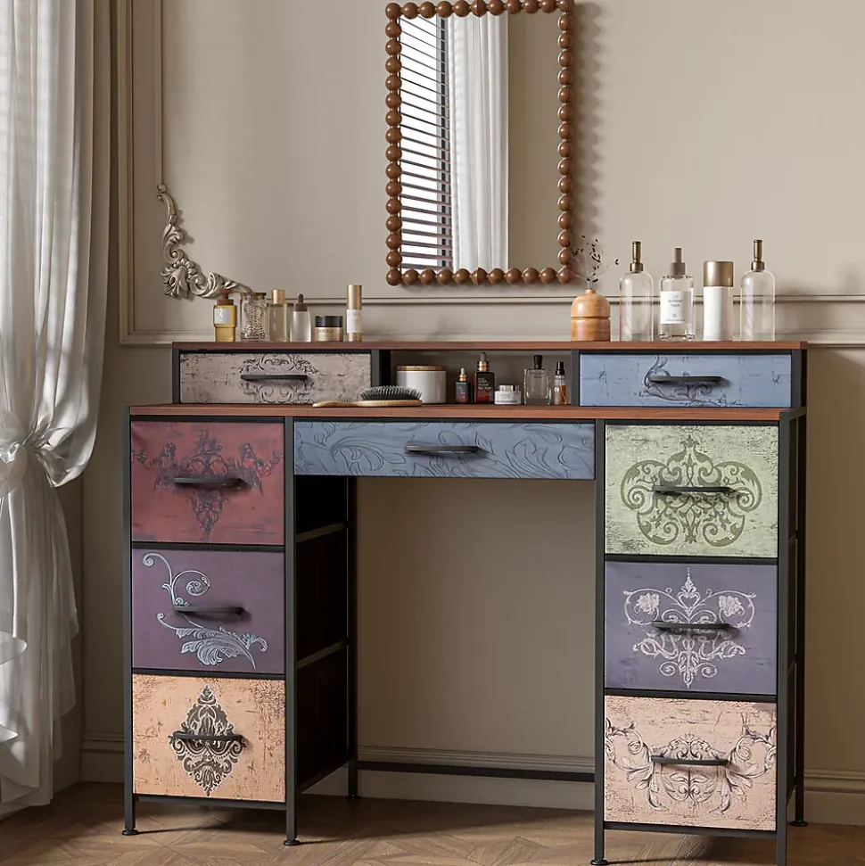 Commode de maquillage, 2 étagères, tiroirs grande capacité, plateau bois, pieds réglables, poignées élégantes, sécurisée