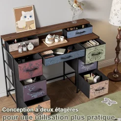 Commode de maquillage, 2 étagères, tiroirs grande capacité, plateau bois, pieds réglables, poignées élégantes, sécurisée