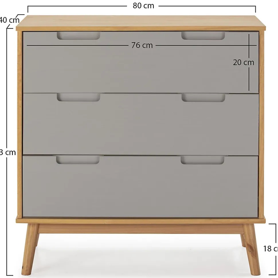 Commode de nuit Bruce avec 3 tiroirs, bois massif, 80 cm Largeur