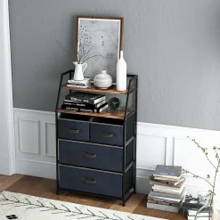 Commode de Rangement à 4 Tiroirs Tour de Rangement en Tissu avec 2 Étagères Ouvertes Cadre Métallique Robuste