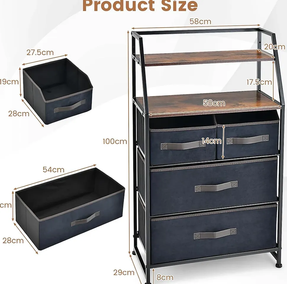 Commode de Rangement à 4 Tiroirs Tour de Rangement en Tissu avec 2 Étagères Ouvertes Cadre Métallique Robuste
