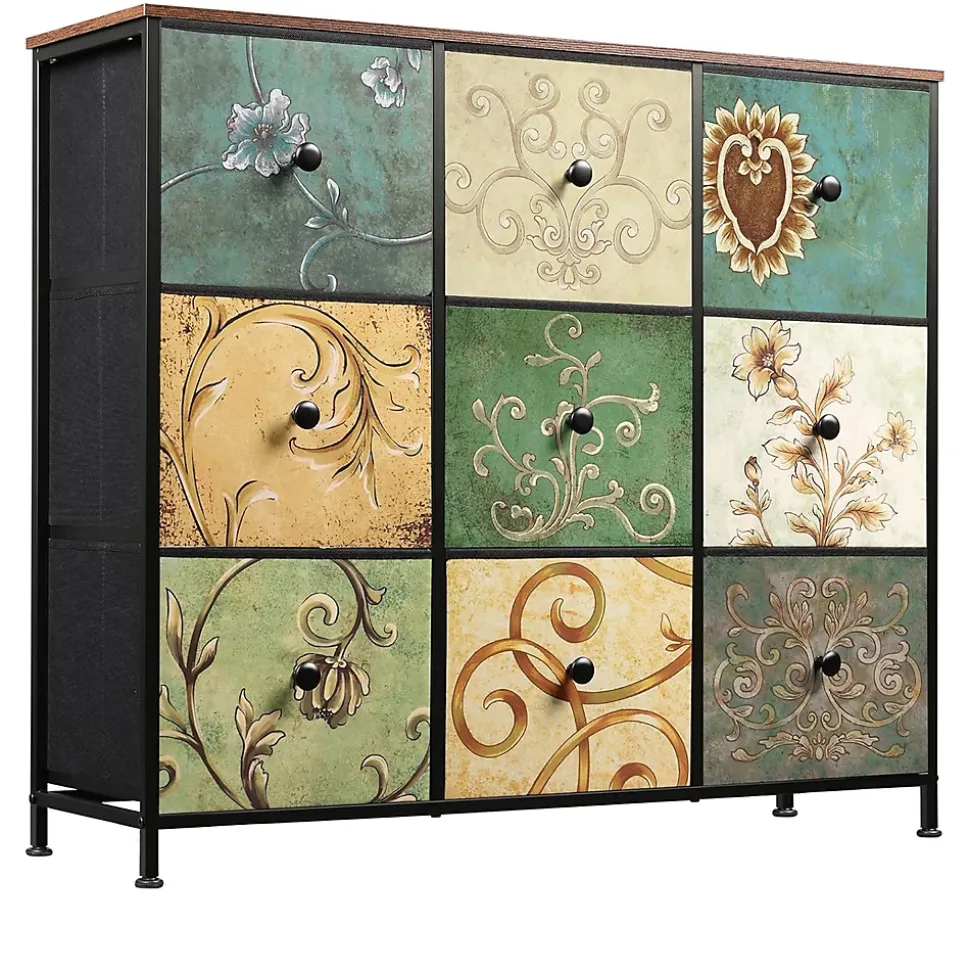 Commode de rangement 100 cm - avec 9 tiroirs de rangement et poignées noires, motif Vintage - Vert