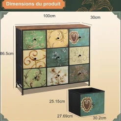 Commode de rangement 100 cm - avec 9 tiroirs de rangement et poignées noires, motif Vintage - Vert
