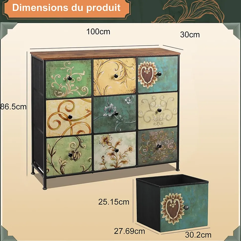 Commode de rangement 100 cm - avec 9 tiroirs de rangement et poignées noires, motif Vintage - Vert