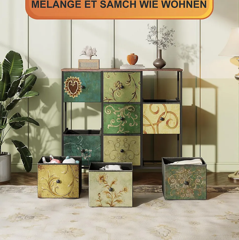 Commode de rangement 100 cm - avec 9 tiroirs de rangement et poignées noires, motif Vintage - Vert