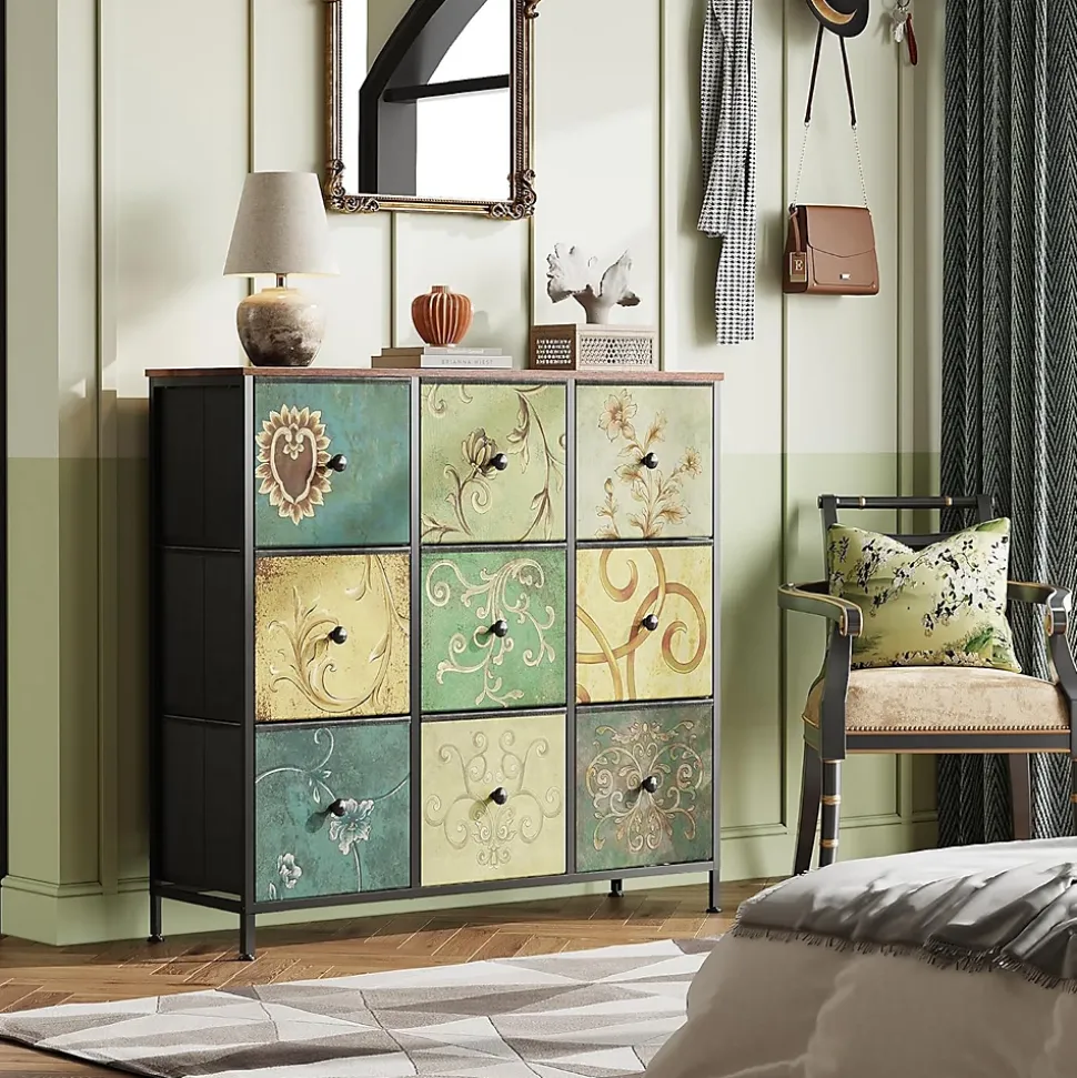Commode de rangement 100 cm - avec 9 tiroirs de rangement et poignées noires, motif Vintage - Vert