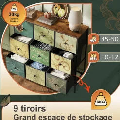 Commode de rangement 100 cm - avec 9 tiroirs de rangement et poignées noires, motif Vintage - Vert
