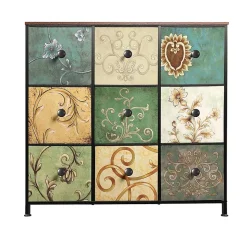 Commode de rangement 100 cm - avec 9 tiroirs de rangement et poignées noires, motif Vintage - Vert
