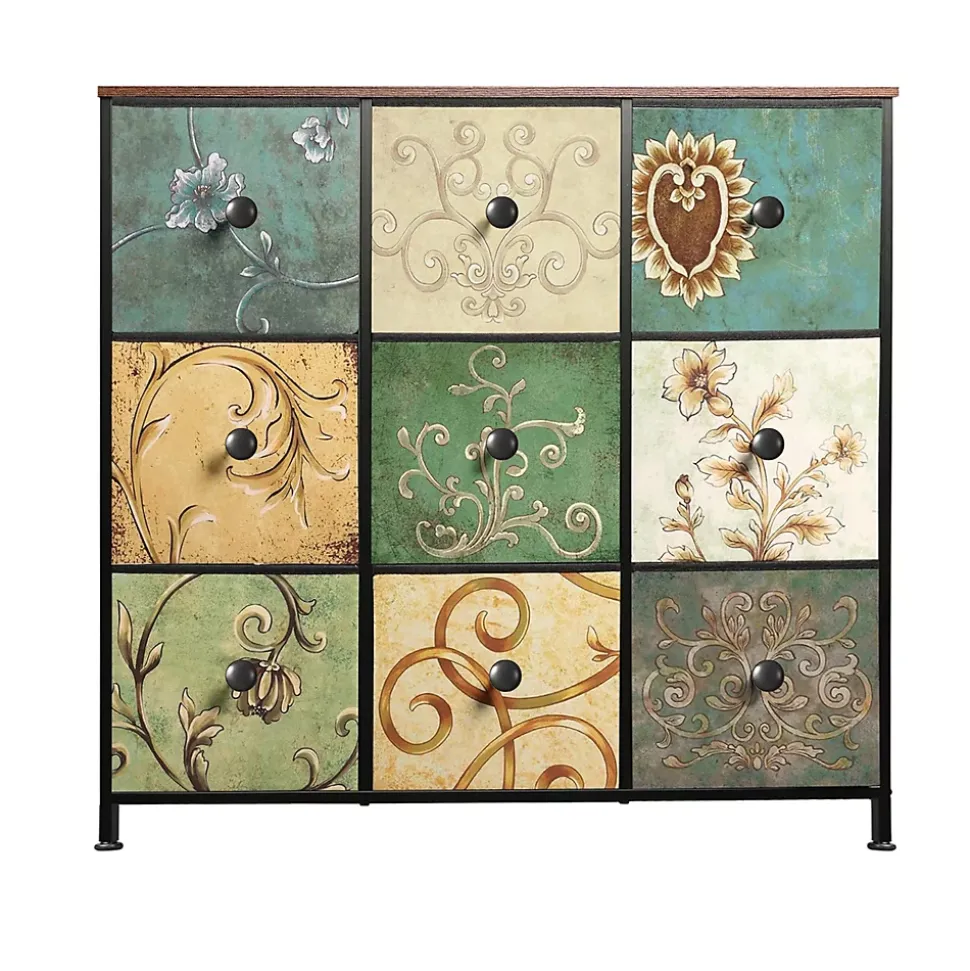 Commode de rangement 100 cm - avec 9 tiroirs de rangement et poignées noires, motif Vintage - Vert