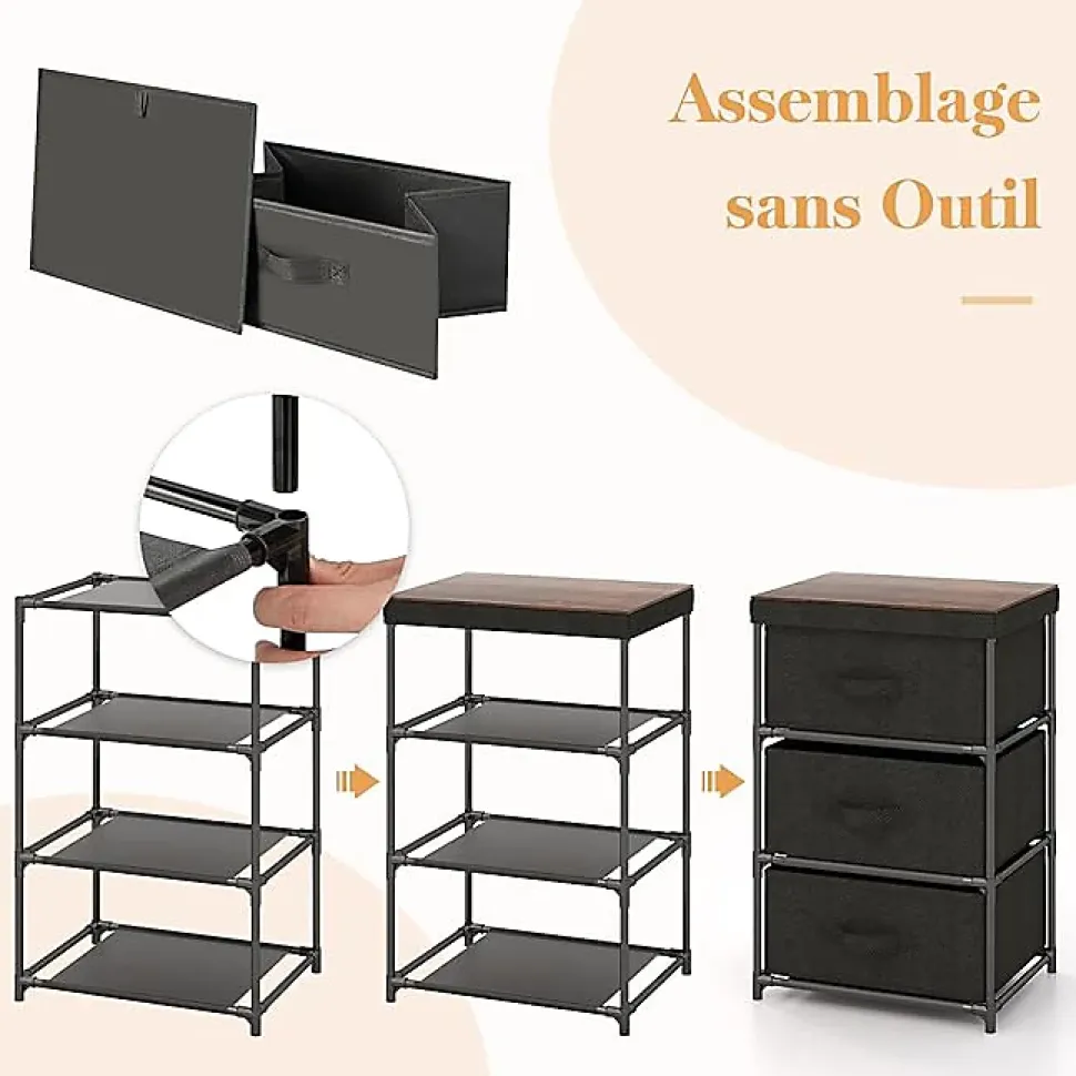 Commode de Rangement 3 Tiroirs Meuble de Rangement avec Tiroirs en Tissu Cadre Métallique Robuste avec Tiroirs Amovibles