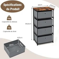 Commode de Rangement 4 Tiroirs Meuble de Rangement avec Tiroirs en Tissu Cadre Métallique Robuste