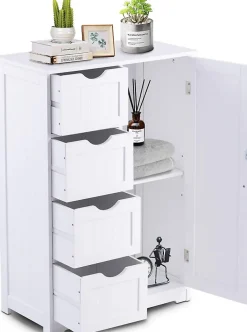 Commode de Rangement avec 4 Tiroirs et Porte Magnetique Etagere Hauteur Reglable Blanc 55 X 30 X 81CM