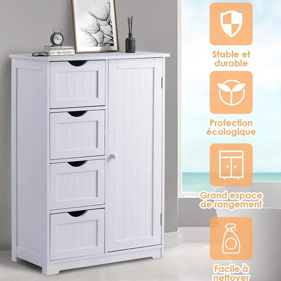 Commode de Rangement avec 4 Tiroirs et Porte Magnetique Etagere Hauteur Reglable Blanc 55 X 30 X 81CM