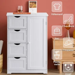Commode de Rangement avec 4 Tiroirs et Porte Magnetique Etagere Hauteur Reglable Blanc 55 X 30 X 81CM