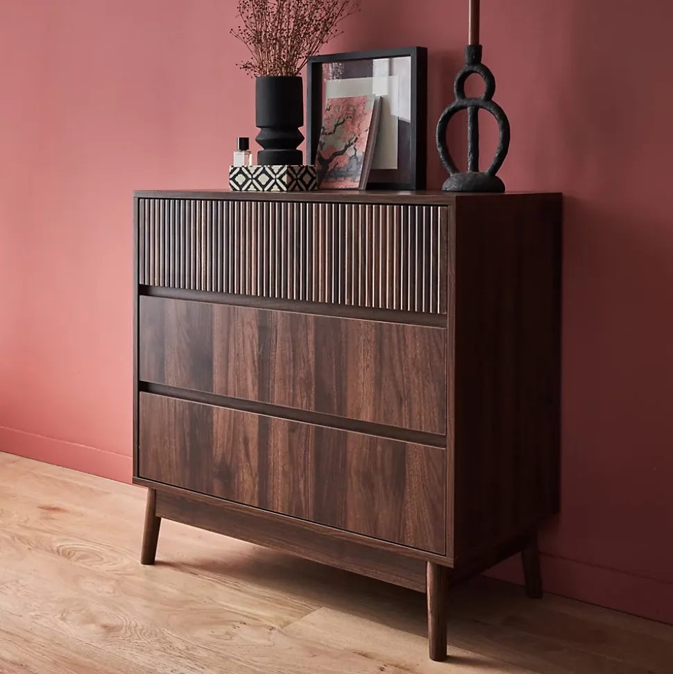 Commode de rangement décor bois de noyer. 3 tiroirs