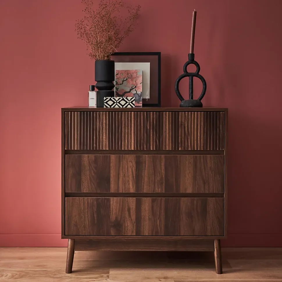 Commode de rangement décor bois de noyer. 3 tiroirs