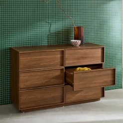 Commode de rangement effet bois 6 tiroirs noyer L 120 x P 43 x H 75cm - Kuba