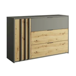 Commode design 3 tiroirs et 1 porte. Collection IZO coloris gris anthracite et chene clair.