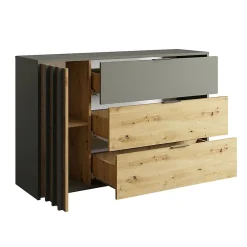 Commode design 3 tiroirs et 1 porte. Collection IZO coloris gris anthracite et chene clair.